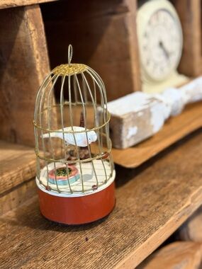 Vintage Japan Working Wind Up Bird in Birdcage